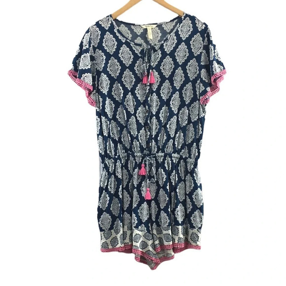 Matilda Jane Blue Pink Geo Print Tassel Romper Womens‎ Large Short Sleeve Boho - Picture 1 of 12